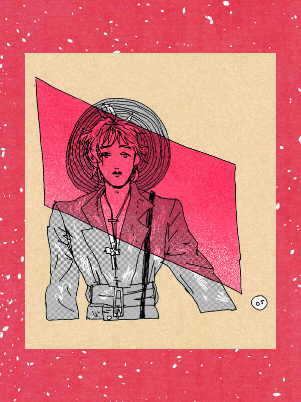 illustration from the "wake up, mf!" fanzine, about luna sea's bassist, onose jun, 2024